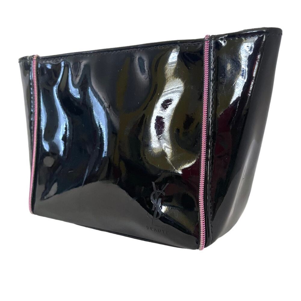 Yves Saint Laurent Beauté Black Patent Faux Leather Zip Pouch Cosmetic Case YSL